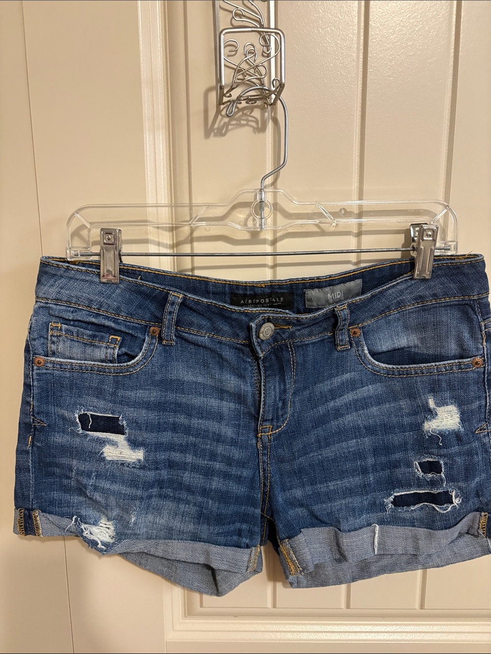 Aeropostale Women's Distressed Blue Denim Roll-Hem Shorts